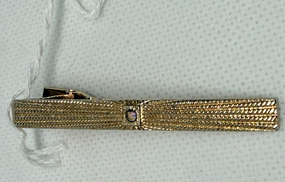 Vintage Gold Tone Tie Bar Clip Textured AB Rhinestone Unmarked Men’s